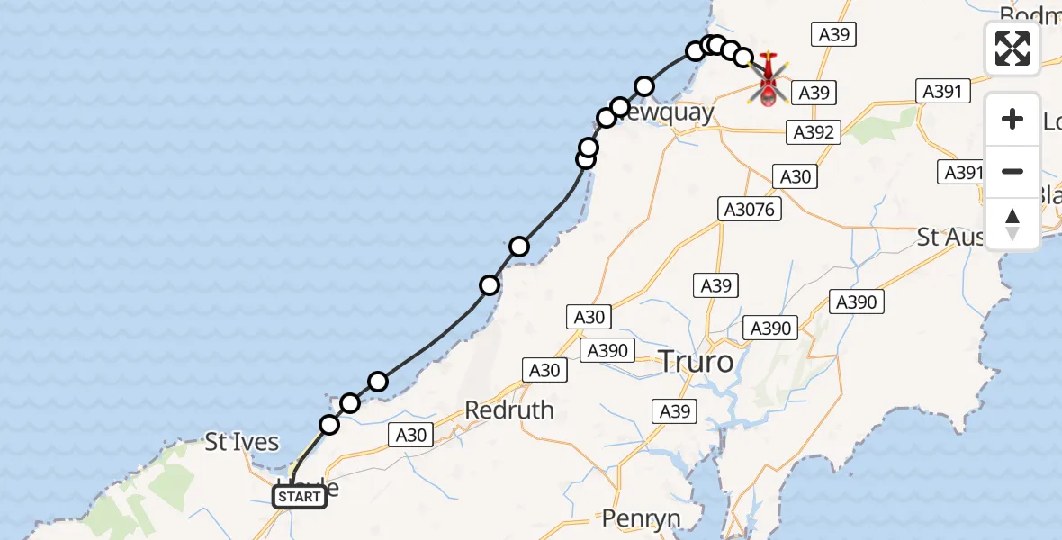 Flight route Air Ambulance Helicopter Hayle - Cornwall Airport Newquay, 29 July 2026, 19:24