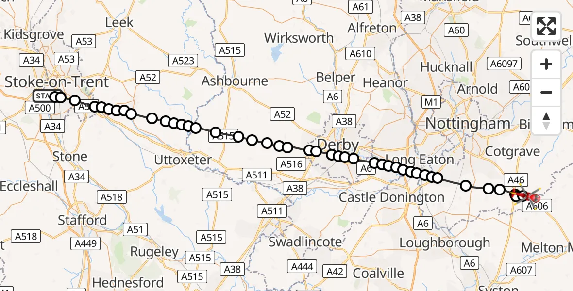 Flight route Air Ambulance Helicopter Stoke - Hickling, 29 July 2026, 19:24