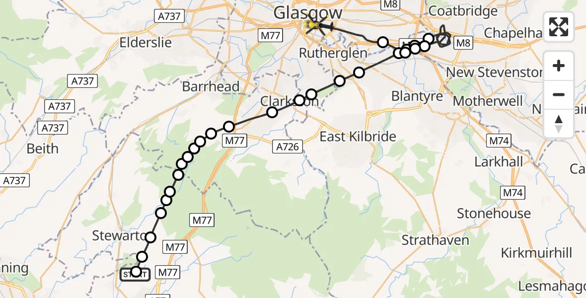 Flight route Police Helicopter East Ayrshire - Glasgow, 29 July 2026, 19:32