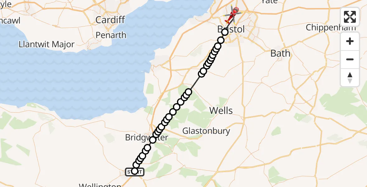 Flight route Air Ambulance Helicopter Monkton Heathfield - Bristol, 29 July 2026, 19:33
