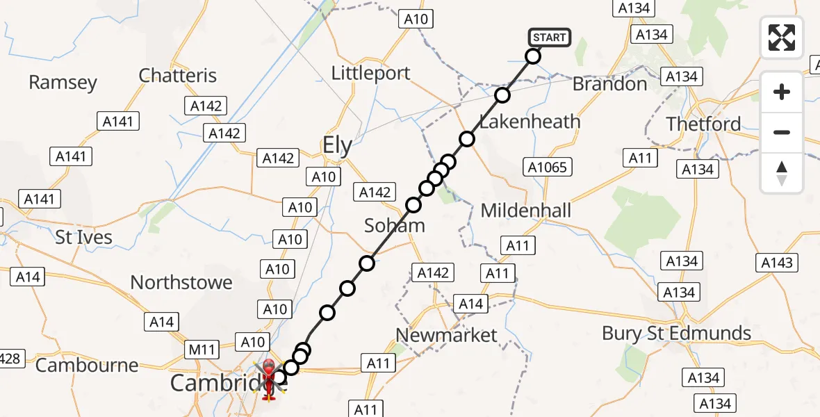 Flight route Air Ambulance Helicopter Feltwell - Cambridge City Airport, 29 July 2026, 19:38