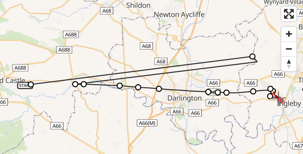 Flight route Air Ambulance Helicopter Barnard Castle - Egglescliffe, 29 July 2026, 19:40