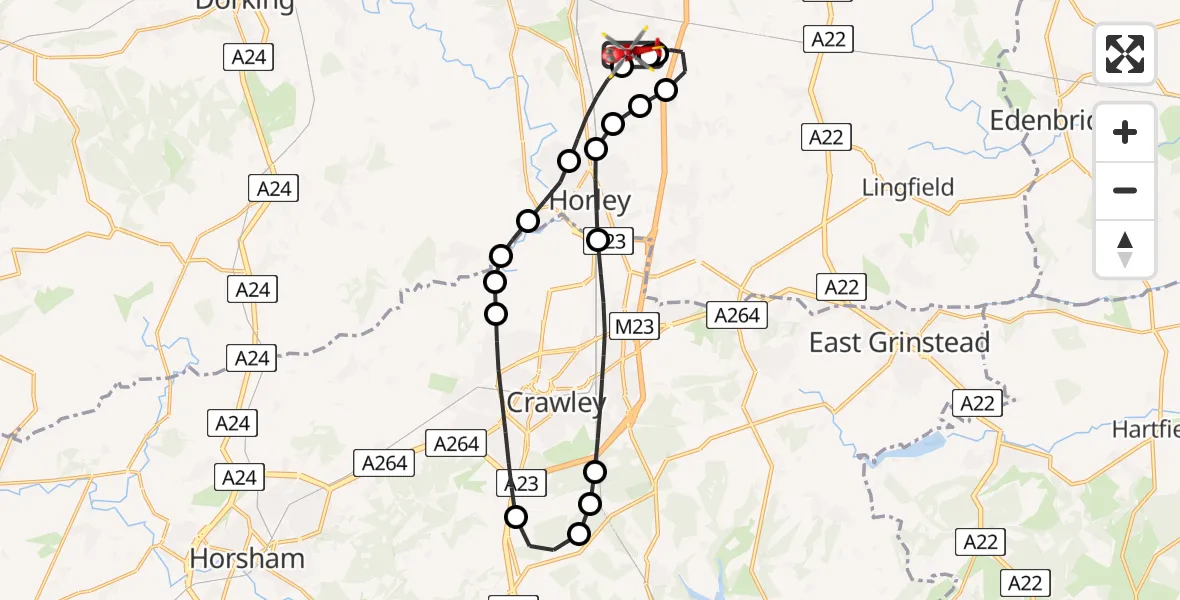Flight route Air Ambulance Helicopter Redhill Aerodrome - Redhill Aerodrome, 29 July 2026, 19:42