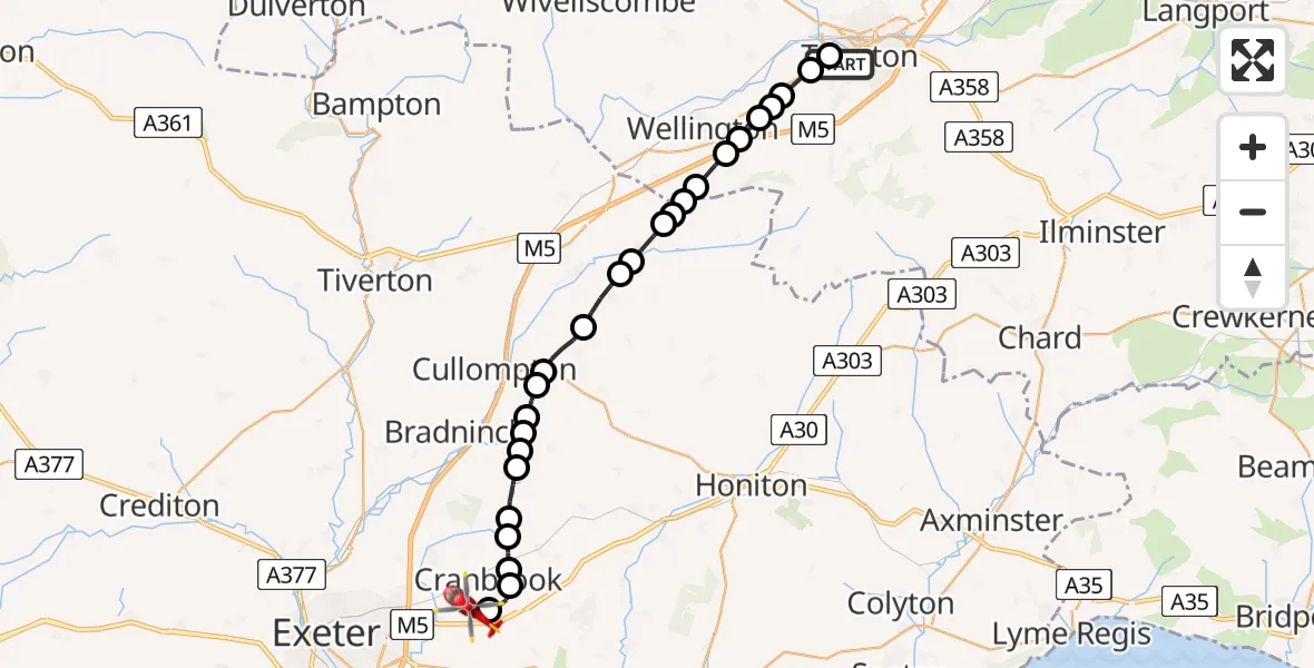 Flight route Air Ambulance Helicopter Musgrove Hospital - Exeter International Airport, 29 July 2026, 19:43