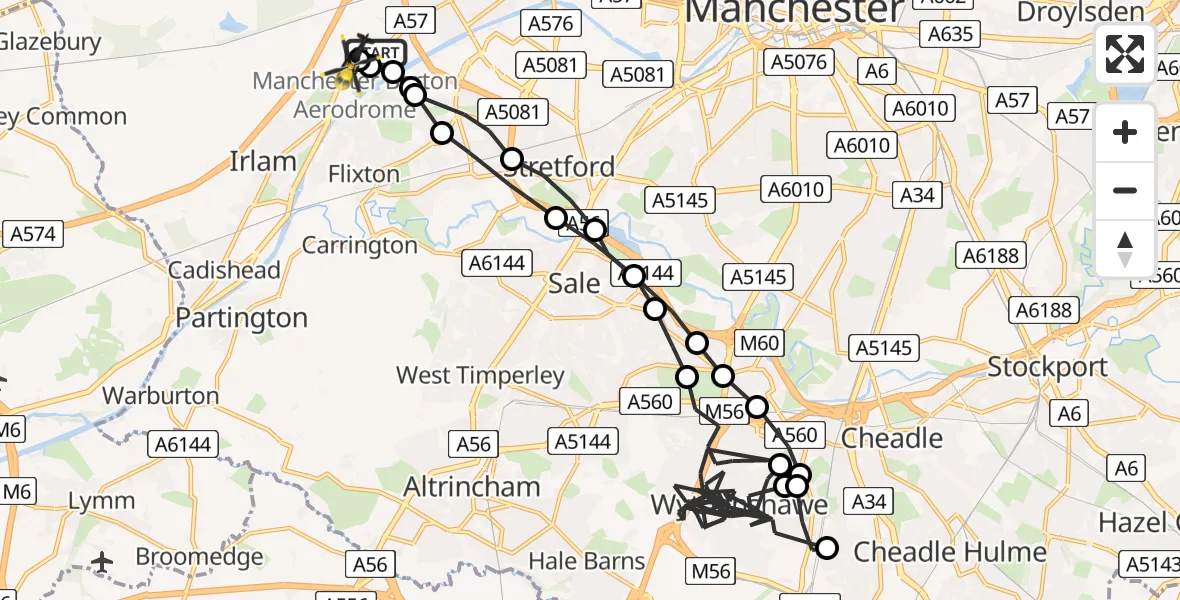 Flight route Police Helicopter Manchester Barton Aerodrome - Manchester Barton Aerodrome, 29 July 2026, 19:50
