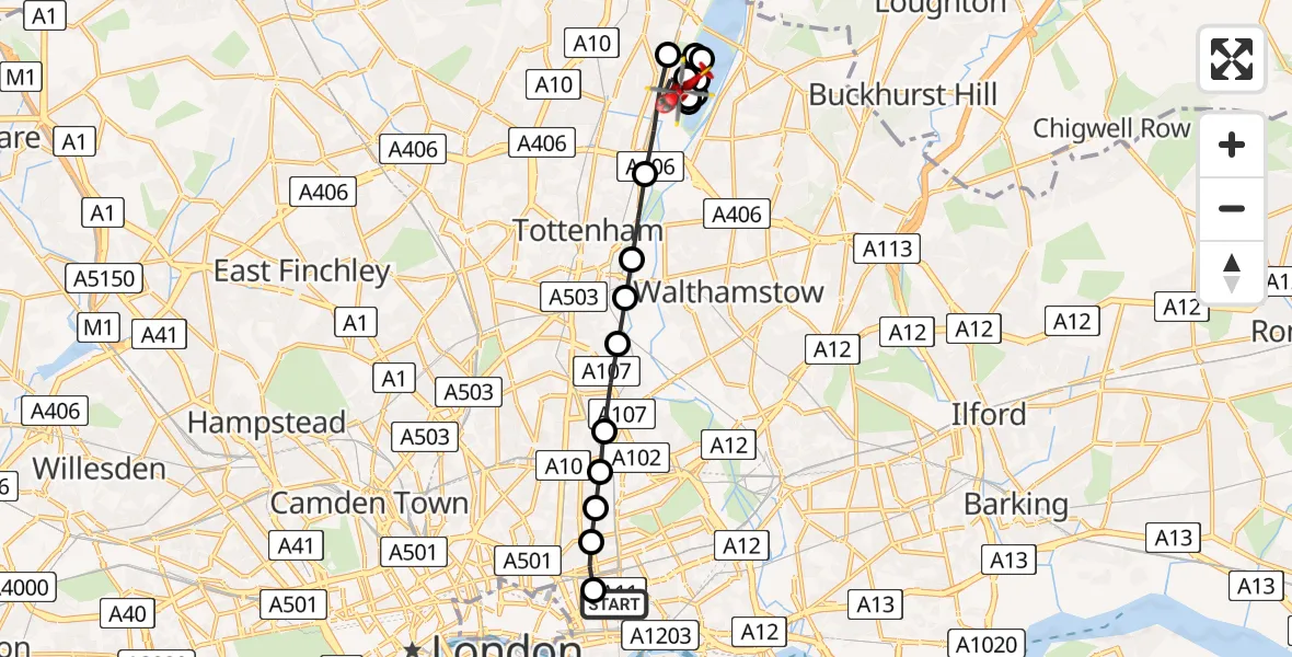Flight route Air Ambulance Helicopter Royal London Hospital - Enfield, 29 July 2026, 19:52