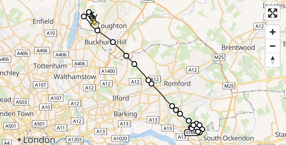 Flight route Police Helicopter New Cottages - Sewardstonebury, 29 July 2026, 20:02