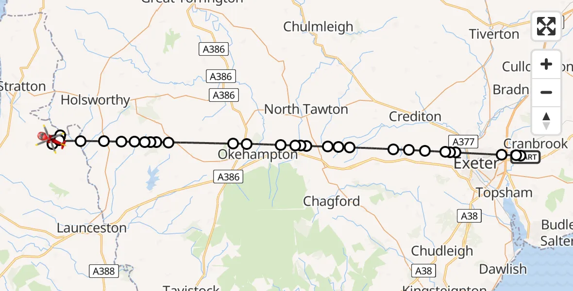 Flight route Air Ambulance Helicopter Exeter International Airport - Whitstone, 29 July 2026, 20:37