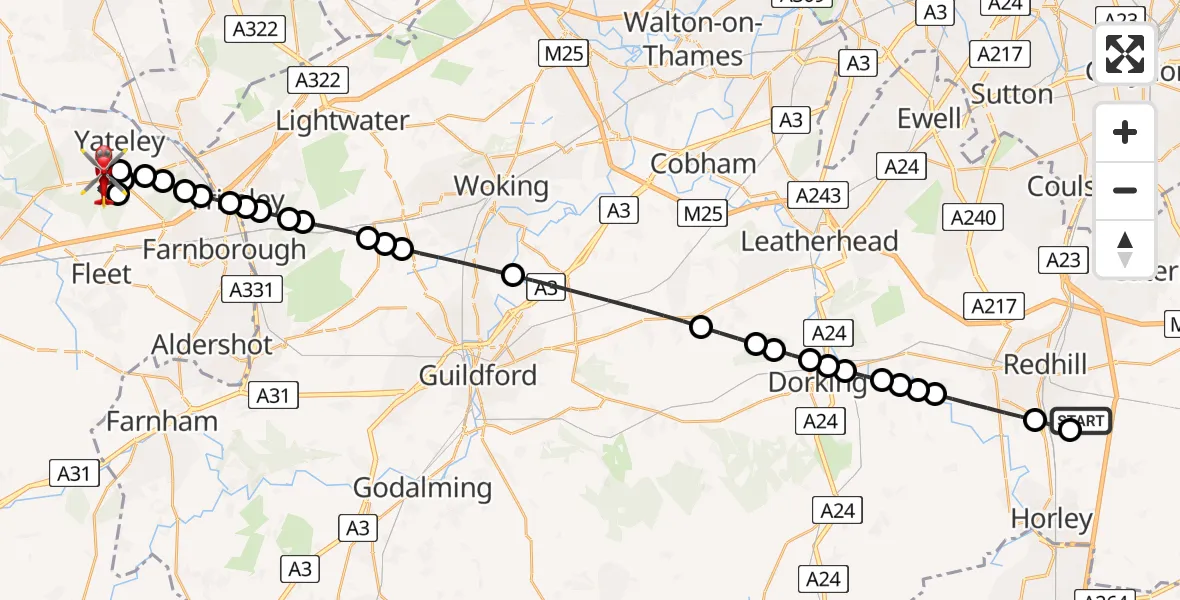 Flight route Air Ambulance Helicopter Redhill Aerodrome - Blackbushe Airport, 29 July 2026, 20:51