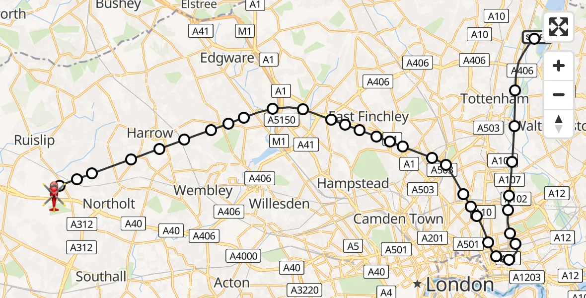 Flight route Air Ambulance Helicopter Ponders End - RAF Northolt, 29 July 2026, 20:51