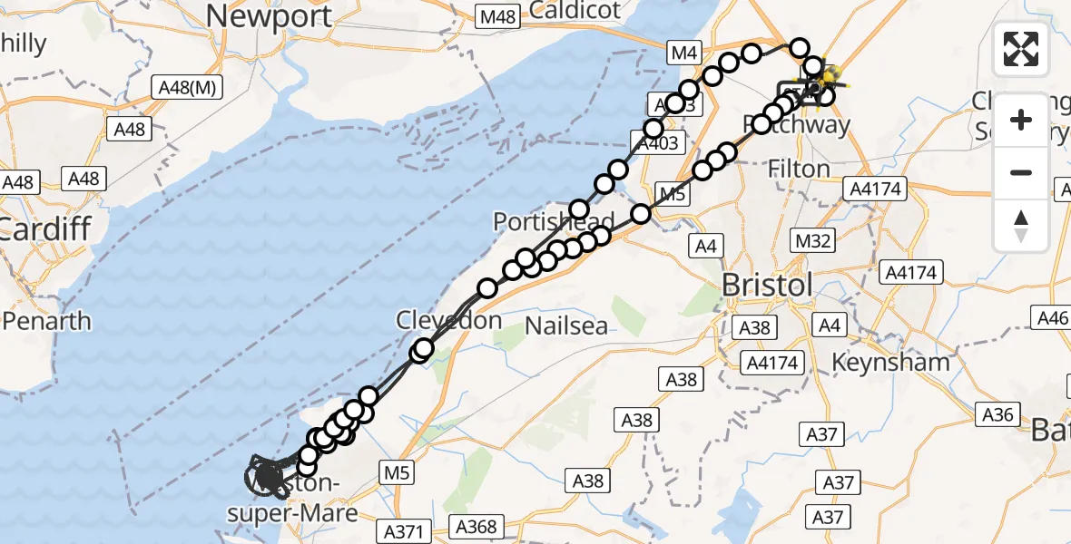 Flight route Police Helicopter Almondsbury Helicopter Base - Almondsbury Helicopter Base, 29 July 2026, 20:53