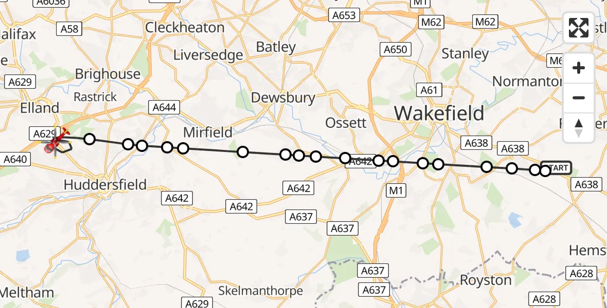 Flight route Air Ambulance Helicopter YAA Nostell Helicopter Port - Lindley, 29 July 2026, 21:03