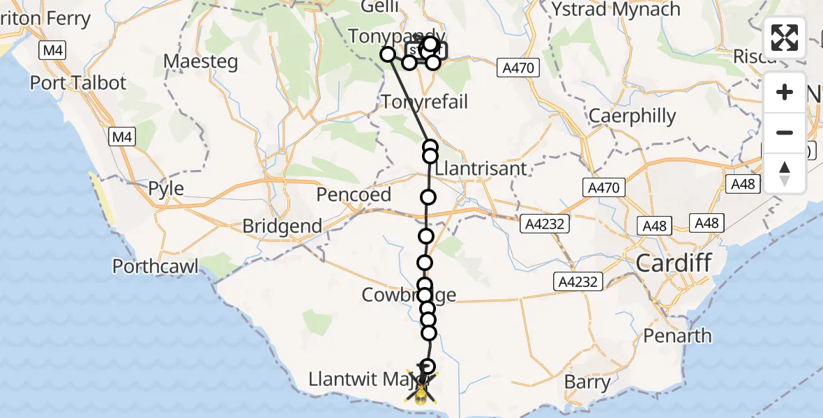 Flight route Police Helicopter Dinas - MOD St Athan, 29 July 2026, 21:10