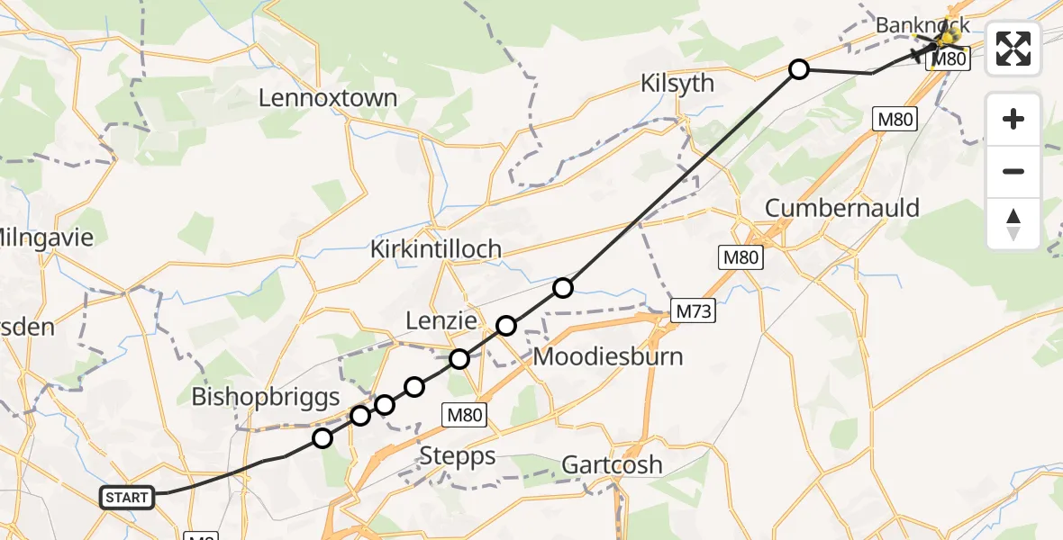 Flight route Police Helicopter Glasgow - Banknock, 29 July 2026, 21:12