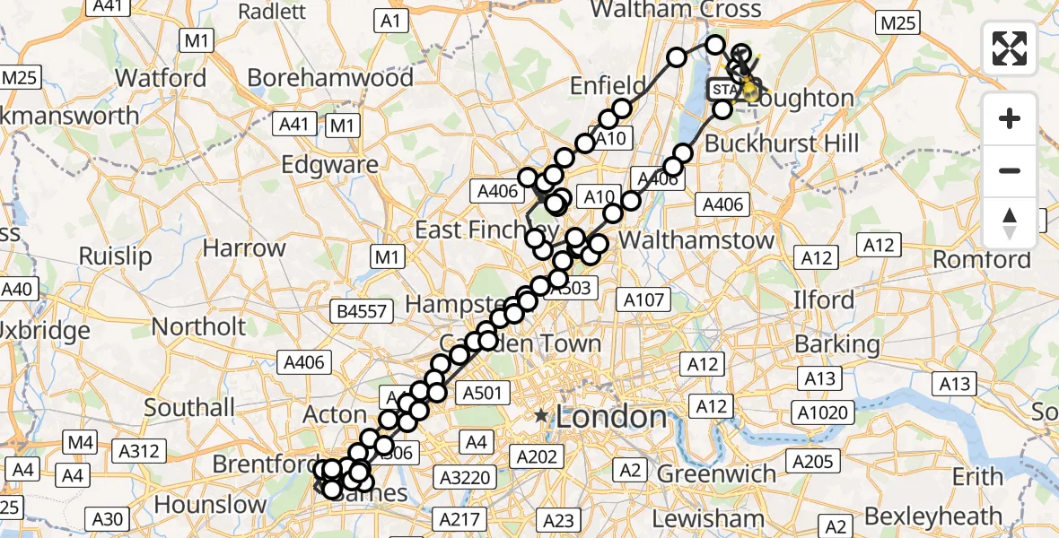 Flight route Police Helicopter Sewardstonebury - Sewardstonebury, 29 July 2026, 21:31