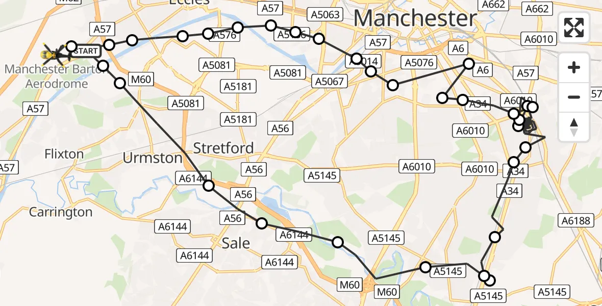 Flight route Police Helicopter Manchester Barton Aerodrome - Manchester Barton Aerodrome, 29 July 2026, 21:41