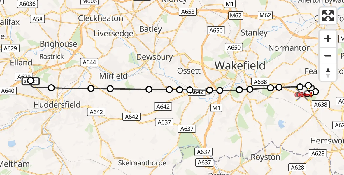 Flight route Air Ambulance Helicopter Lindley - YAA Nostell Helicopter Port, 29 July 2026, 21:42