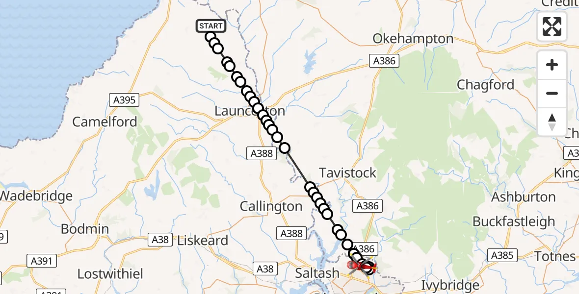 Flight route Air Ambulance Helicopter Whitstone - Derriford Hospital, 29 July 2026, 21:42