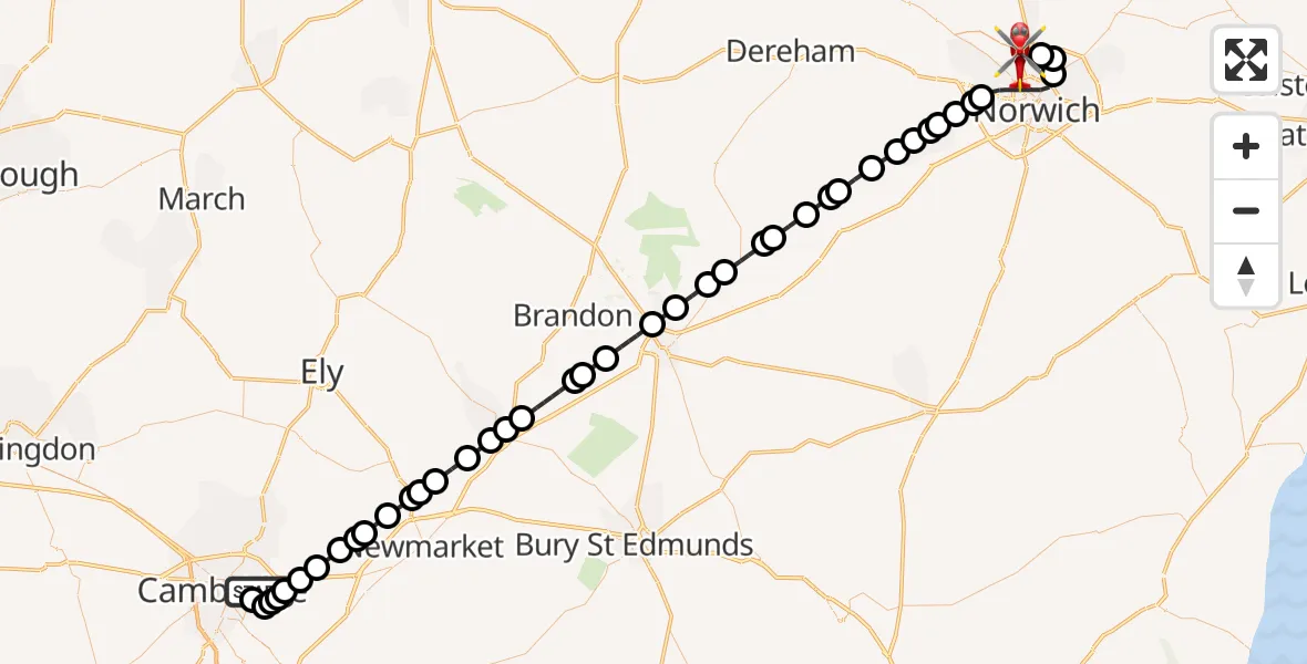 Flight route Air Ambulance Helicopter Cambridge City Airport - Norwich Airport, 29 July 2026, 21:46