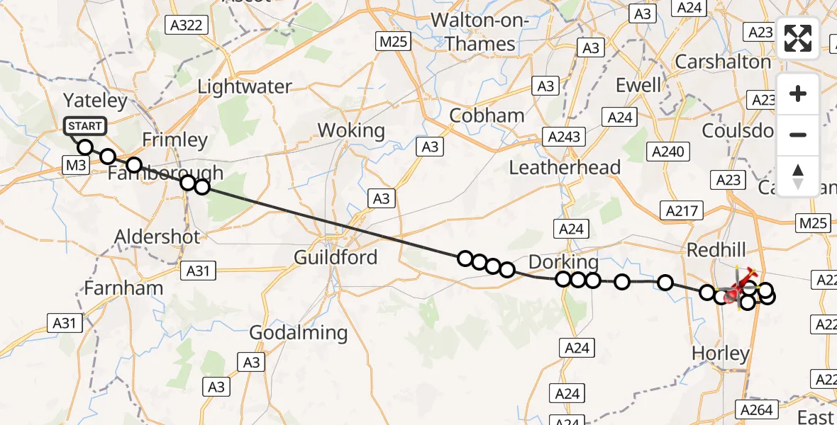 Flight route Air Ambulance Helicopter Blackbushe Airport - Redhill Aerodrome, 29 July 2026, 22:18