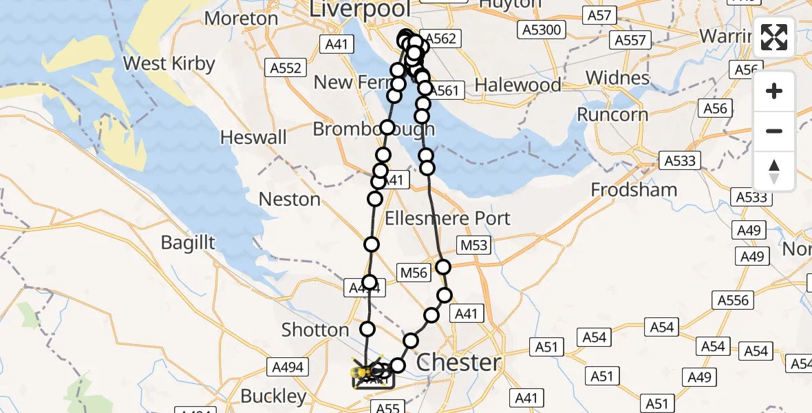 Flight route Police Helicopter Hawarden Airport - Broughton and Bretton, 29 July 2026, 22:22