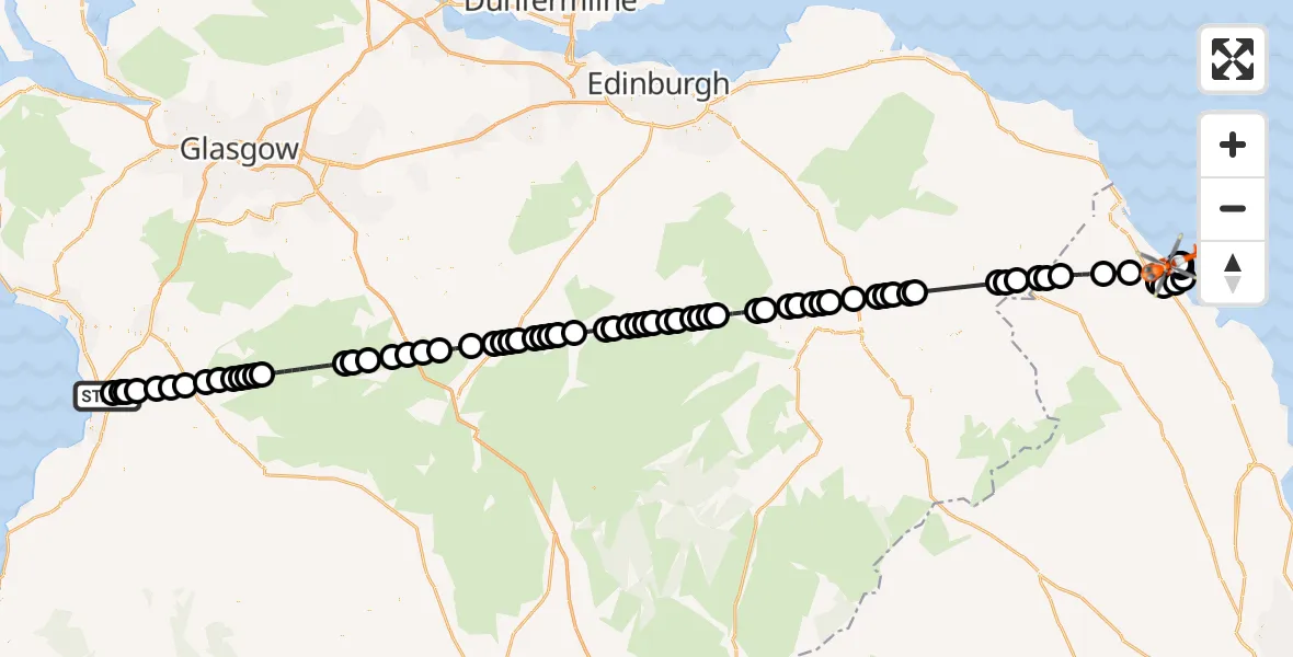 Flight route Coastguard Helicopter Glasgow Prestwick Airport - Ancroft, 29 July 2026, 22:32