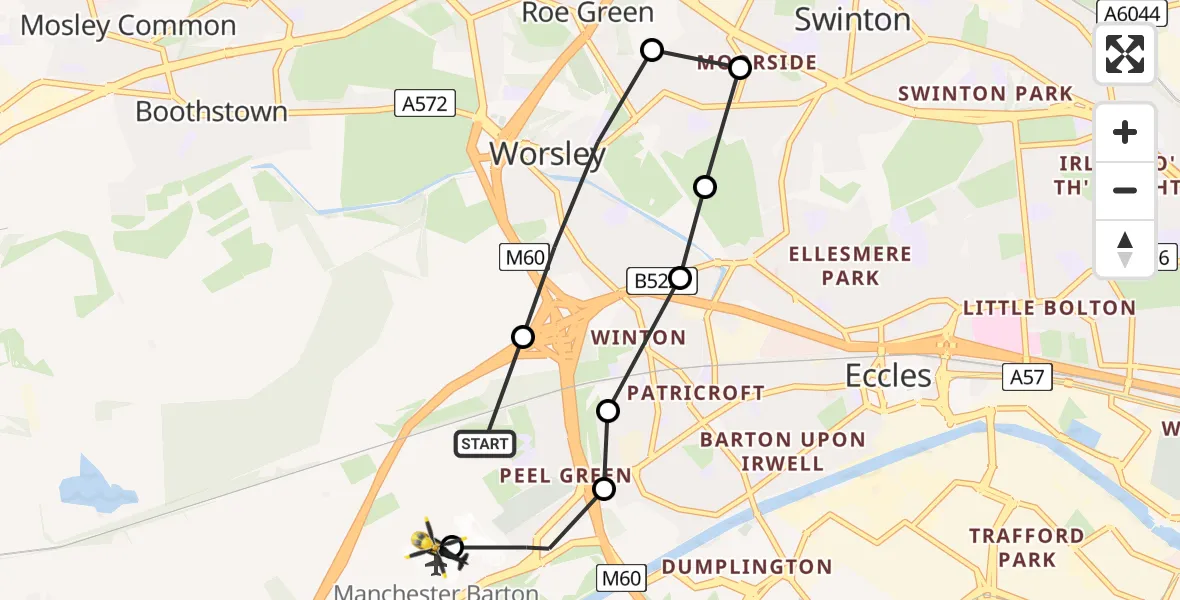 Flight route Police Helicopter Worsley - Manchester Barton Aerodrome, 29 July 2026, 22:46