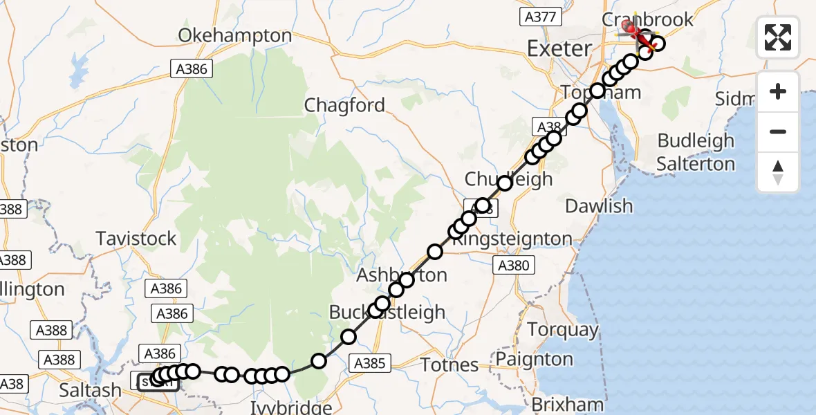 Flight route Air Ambulance Helicopter Derriford Hospital - Exeter International Airport, 29 July 2026, 22:52