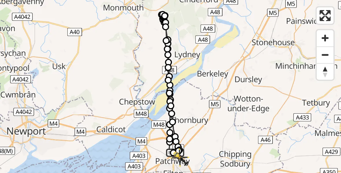 Flight route Police Helicopter Almondsbury Helicopter Base - Bristol, 29 July 2026, 23:10