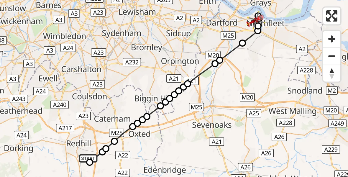 Flight route Air Ambulance Helicopter Redhill Aerodrome - Dartford, 29 July 2026, 23:23
