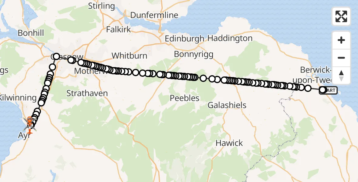 Flight route Coastguard Helicopter Ancroft - Glasgow Prestwick Airport, 29 July 2026, 23:46