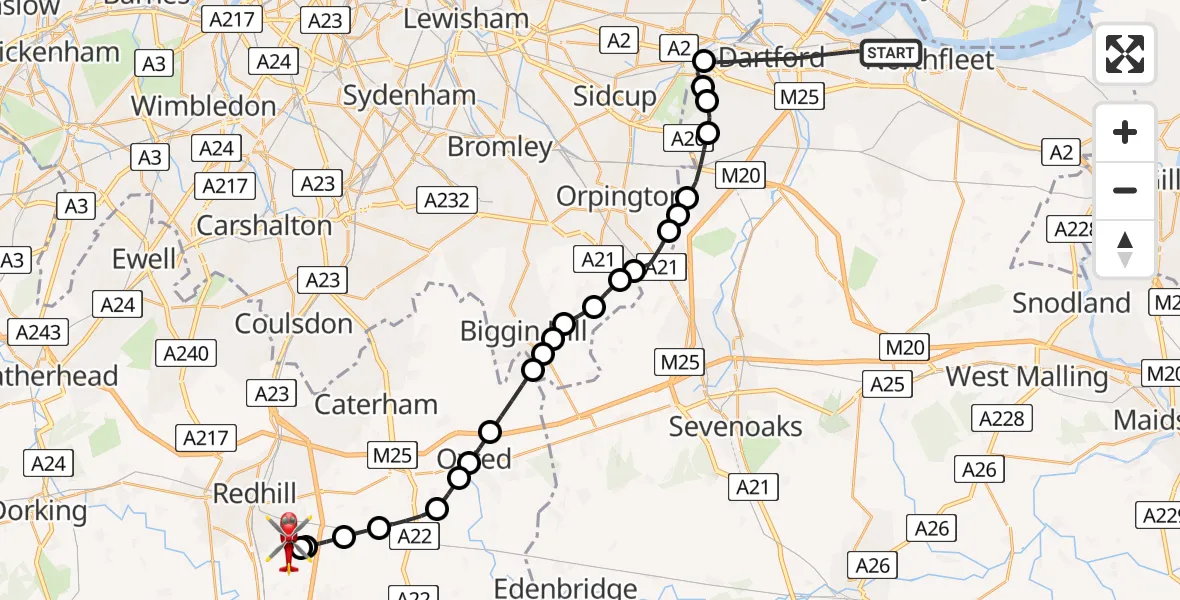 Flight route Air Ambulance Helicopter Dartford - Redhill Aerodrome, 30 July 2026, 00:14