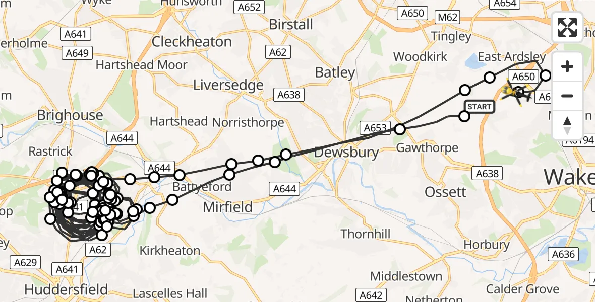 Flight route Police Helicopter Woodkirk - East Ardsley, 30 July 2026, 03:25