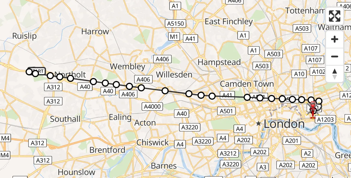 Flight route Air Ambulance Helicopter RAF Northolt - Royal London Hospital, 30 July 2026, 06:45