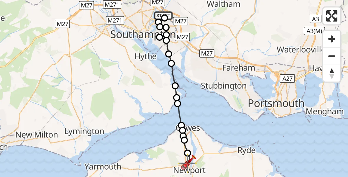 Flight route Air Ambulance Helicopter Eastleigh - Newport, 30 July 2026, 07:01