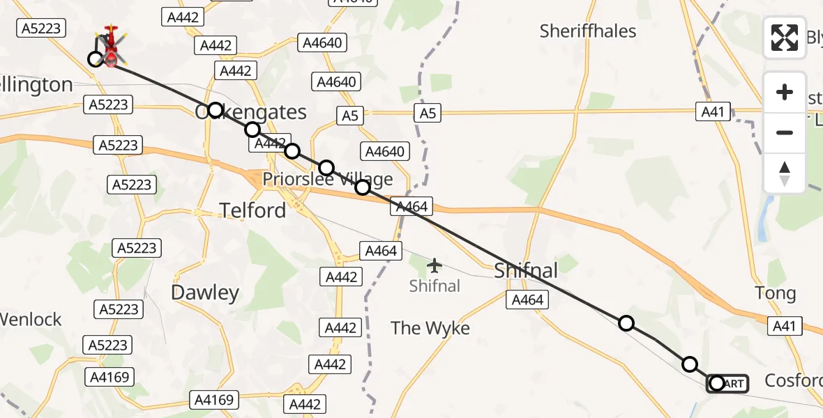 Flight route Air Ambulance Helicopter RAF Cosford - Leegomery, 30 July 2026, 07:16