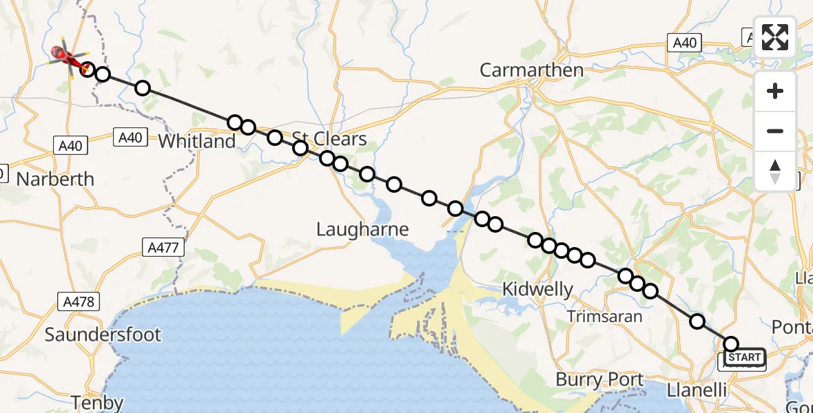 Flight route Air Ambulance Helicopter Dafen - Llandissilio, 30 July 2026, 07:51