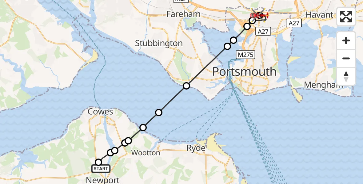 Flight route Air Ambulance Helicopter St Marys Hospital Isle Of Wight - Queen Alexandra Hospital, 30 July 2026, 08:01