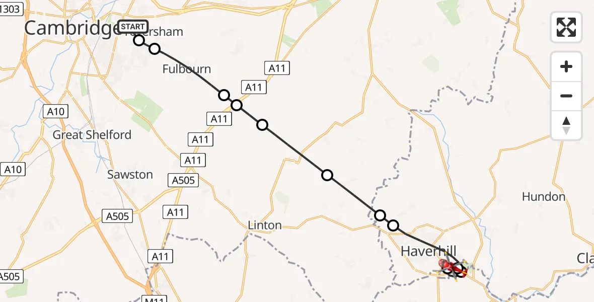 Flight route Air Ambulance Helicopter Cambridge City Airport - Braintree, 30 July 2026, 08:05