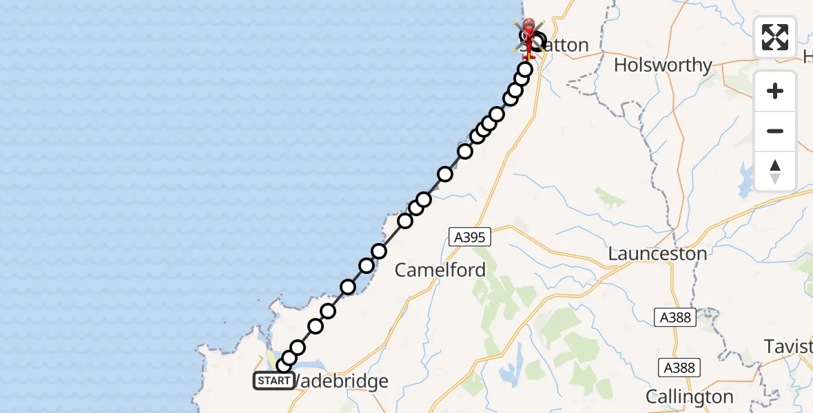 Flight route Air Ambulance Helicopter St Issey - Bude, 30 July 2026, 08:15