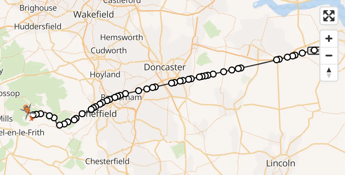 Flight route Coastguard Helicopter Humberside Airport - High Peak, 30 July 2026, 08:25