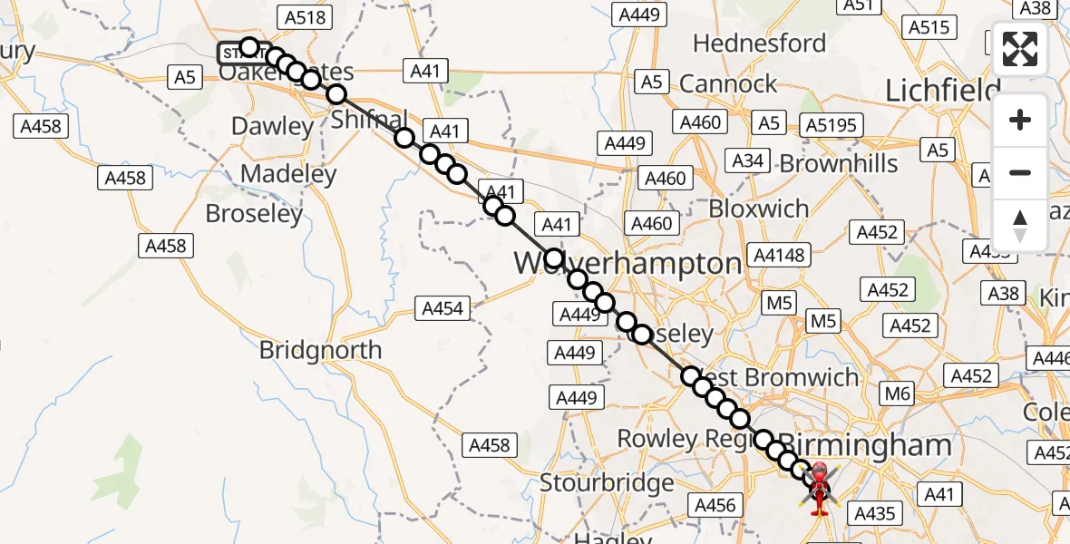 Flight route Air Ambulance Helicopter Leegomery - Queen Elizabeth Hospital Helipad, 30 July 2026, 08:26