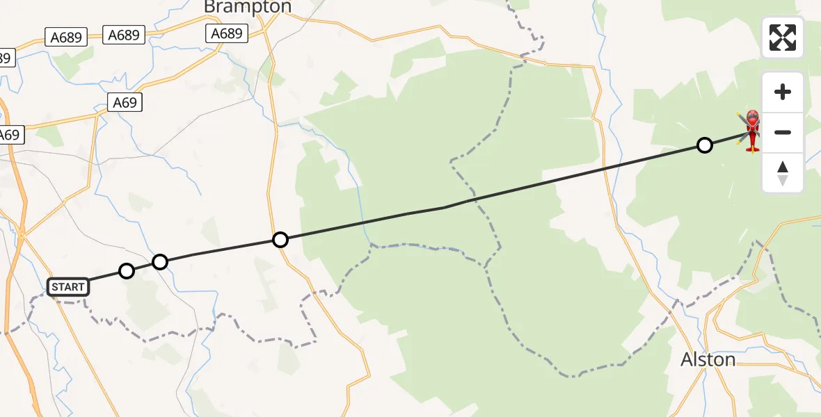 Flight route Air Ambulance Helicopter Wetheral - Plenmeller with Whitfield, 30 July 2026, 08:30