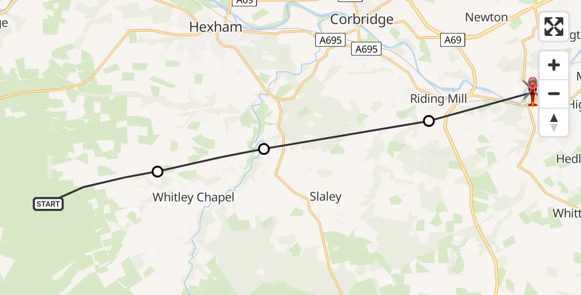 Flight route Air Ambulance Helicopter Hexhamshire - Stocksfield, 30 July 2026, 08:38