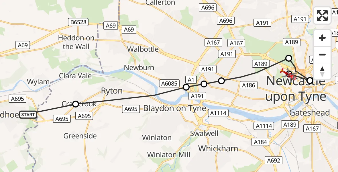 Flight route Air Ambulance Helicopter West Wylam - Newcastle Royal Victoria Infirmary, 30 July 2026, 08:43