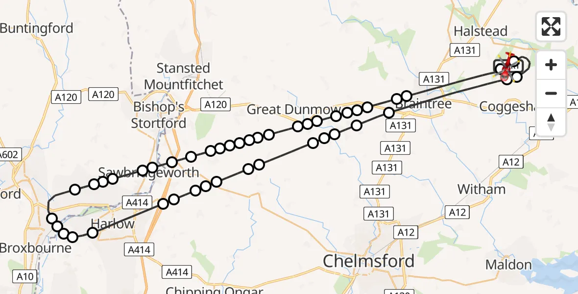 Flight route Air Ambulance Helicopter Earls Colne Airfield - Earls Colne Airfield, 30 July 2026, 08:43