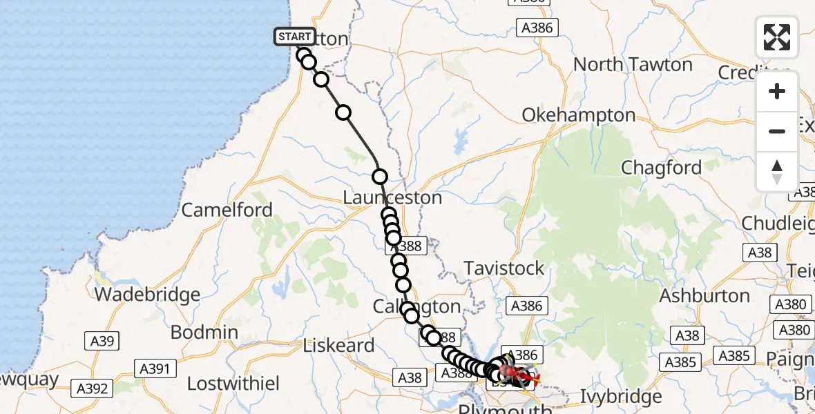 Flight route Air Ambulance Helicopter Bude - Derriford Hospital, 30 July 2026, 08:50