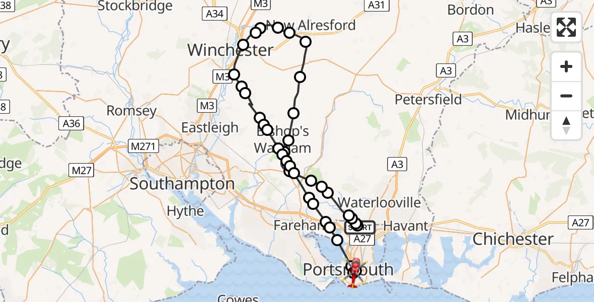 Flight route Air Ambulance Helicopter Queen Alexandra Hospital - Fratton, 30 July 2026, 08:56