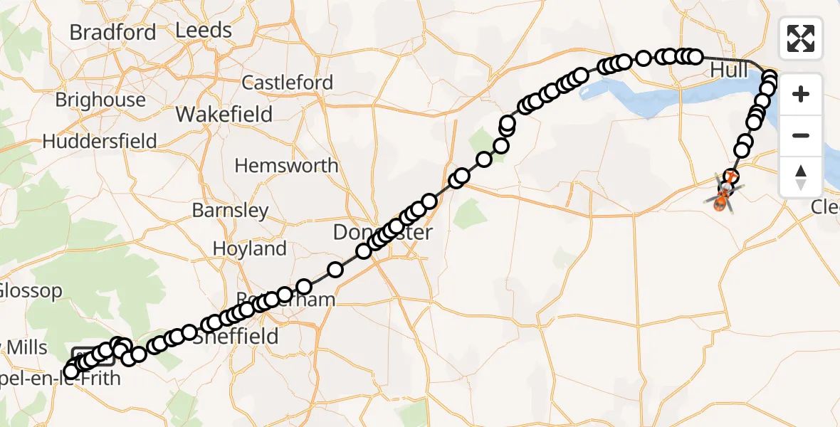 Flight route Coastguard Helicopter High Peak - Humberside Airport, 30 July 2026, 08:58