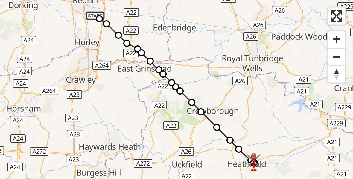 Flight route Air Ambulance Helicopter Redhill Aerodrome - Heathfield, 30 July 2026, 09:03